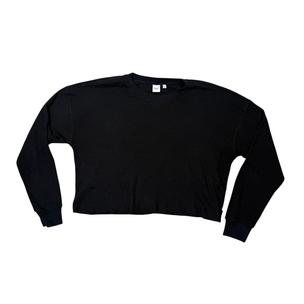Aritzia TNA Waffle Crewneck Boxy Longsleeve Shirt Crop Black Large